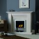 Fireline Stokesay in Portuguese Limestone, featuring a Paragon Focus HE 18" gas fire with chrome trim and Antique Bridge fret.